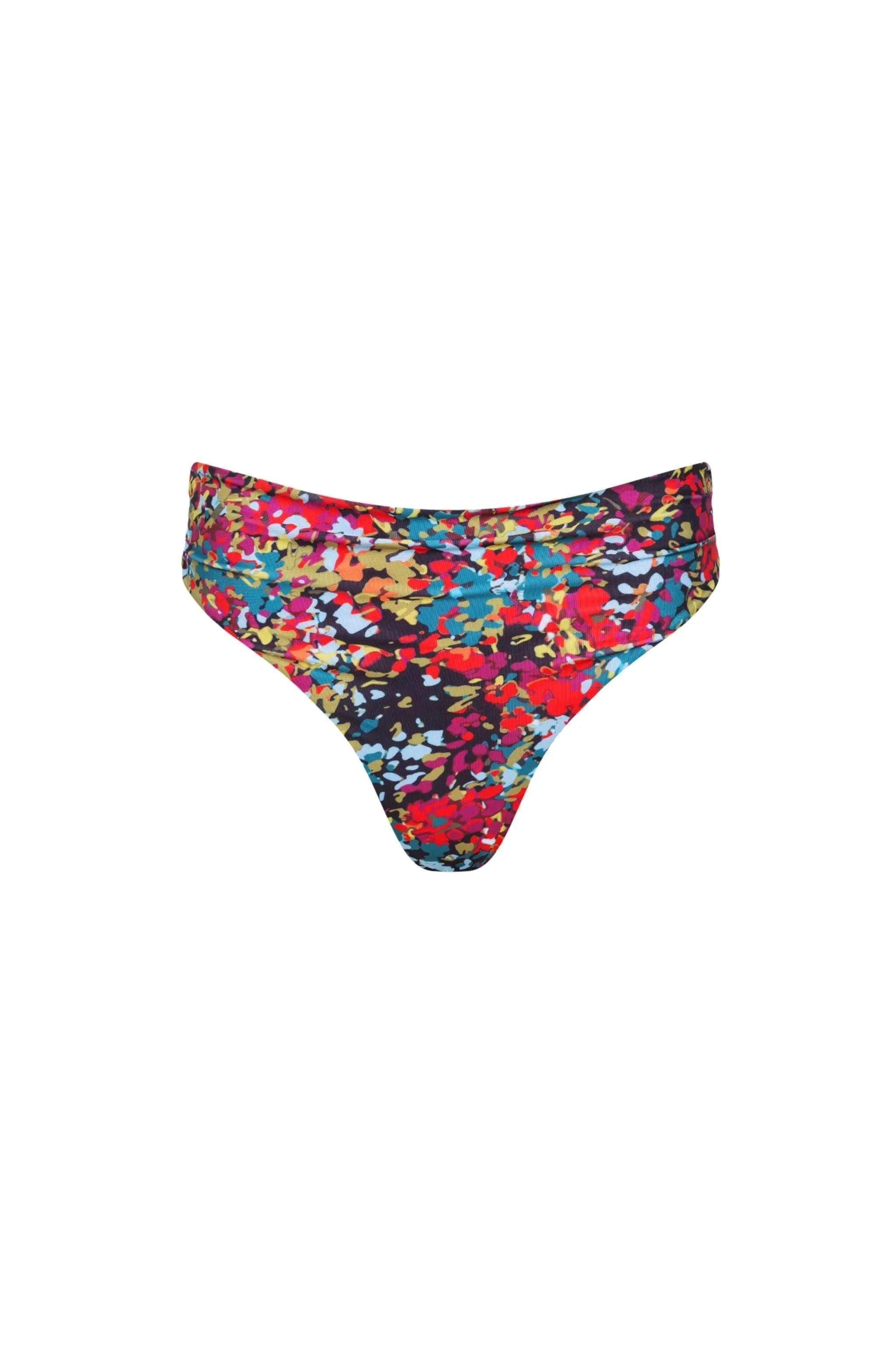 Capri Ruched High Waist Thong Bikini Bottom Red Confetti Floral sold by Playaluxe