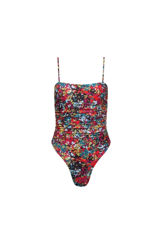 Seychelles Ruched One Piece Red Confetti sold by Playaluxe