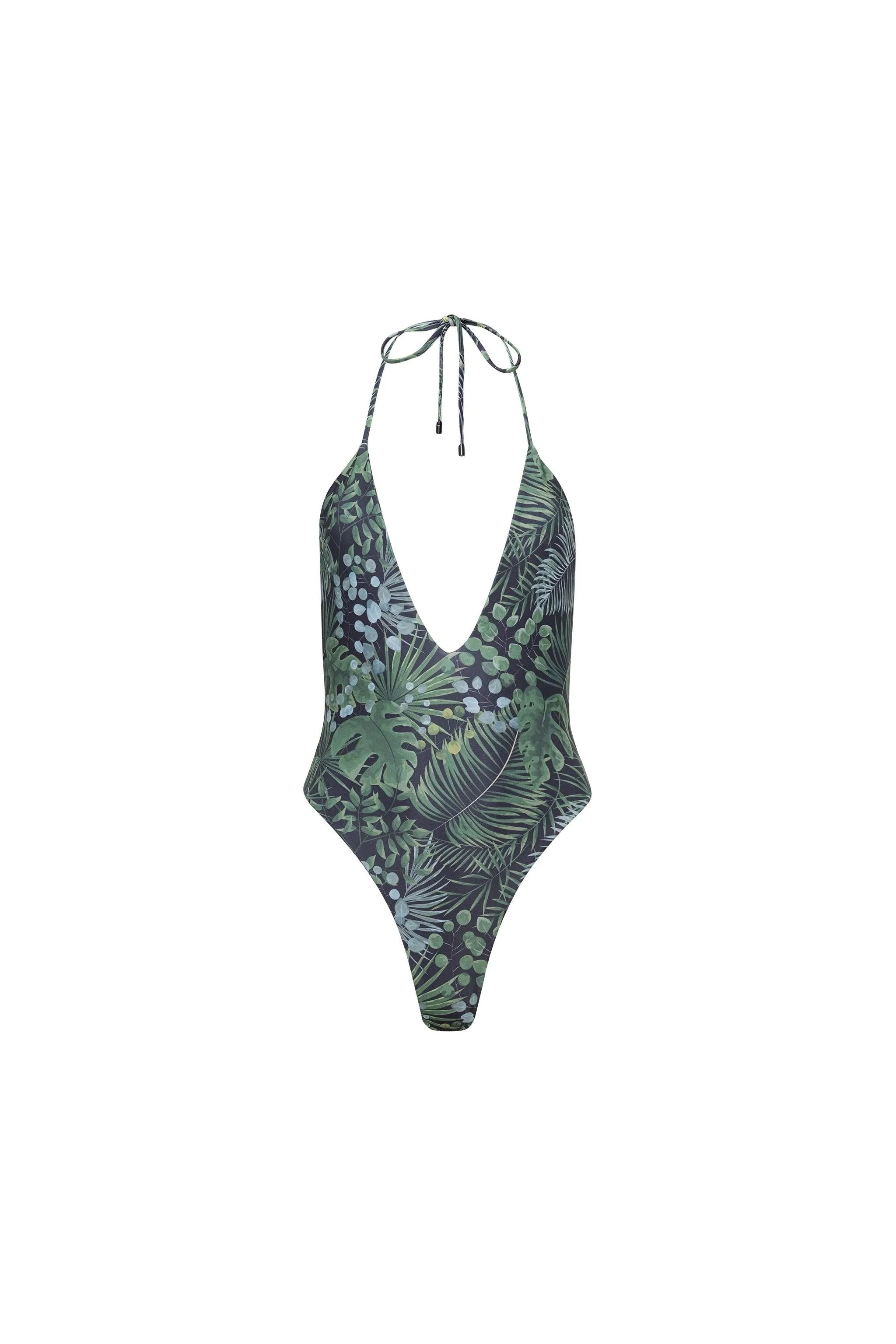 Los Cabos Deep V One Piece Green Palm sold by Playaluxe