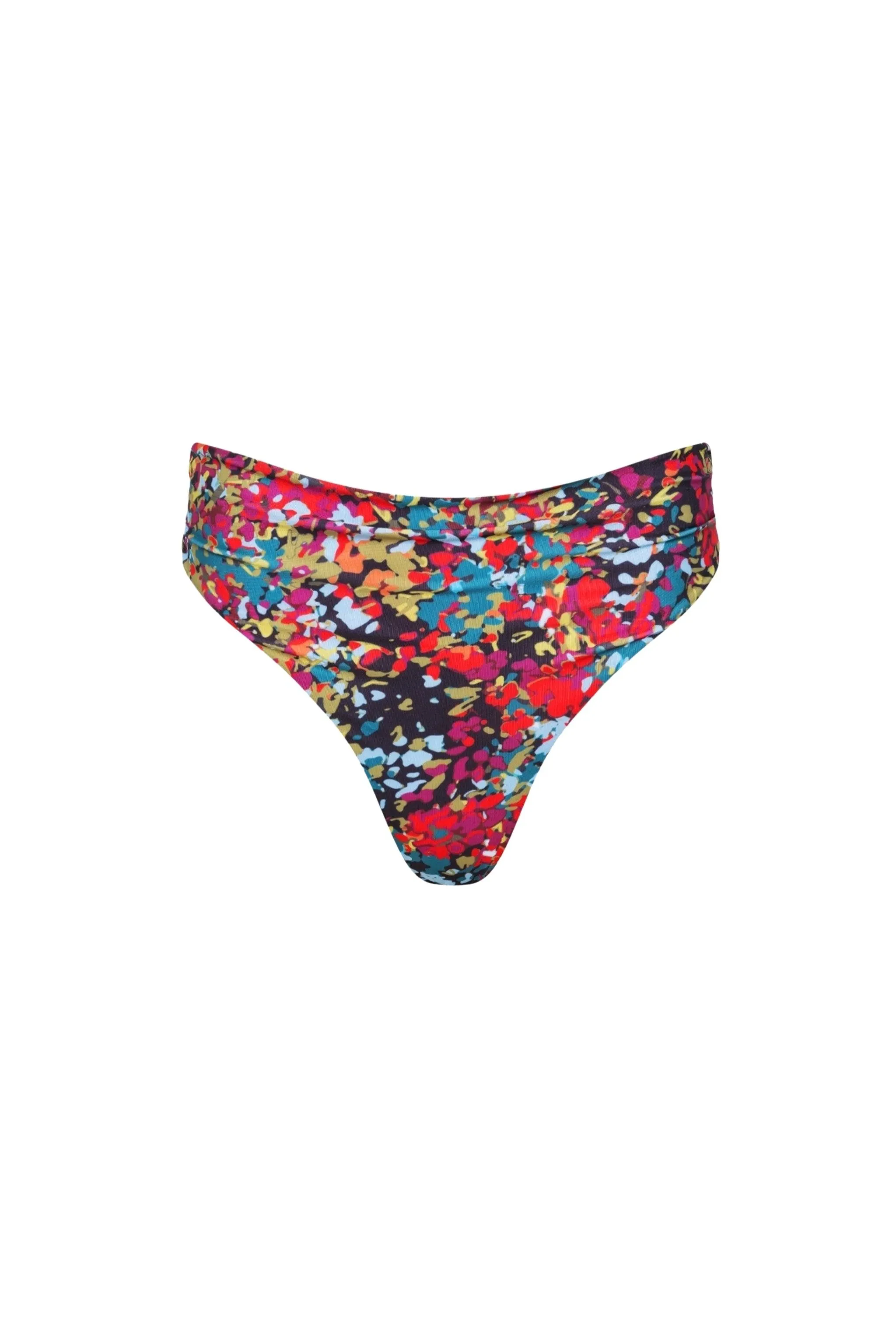 Capri Ruched High Waist Thong Bikini Bottom Red Confetti sold by Playaluxe