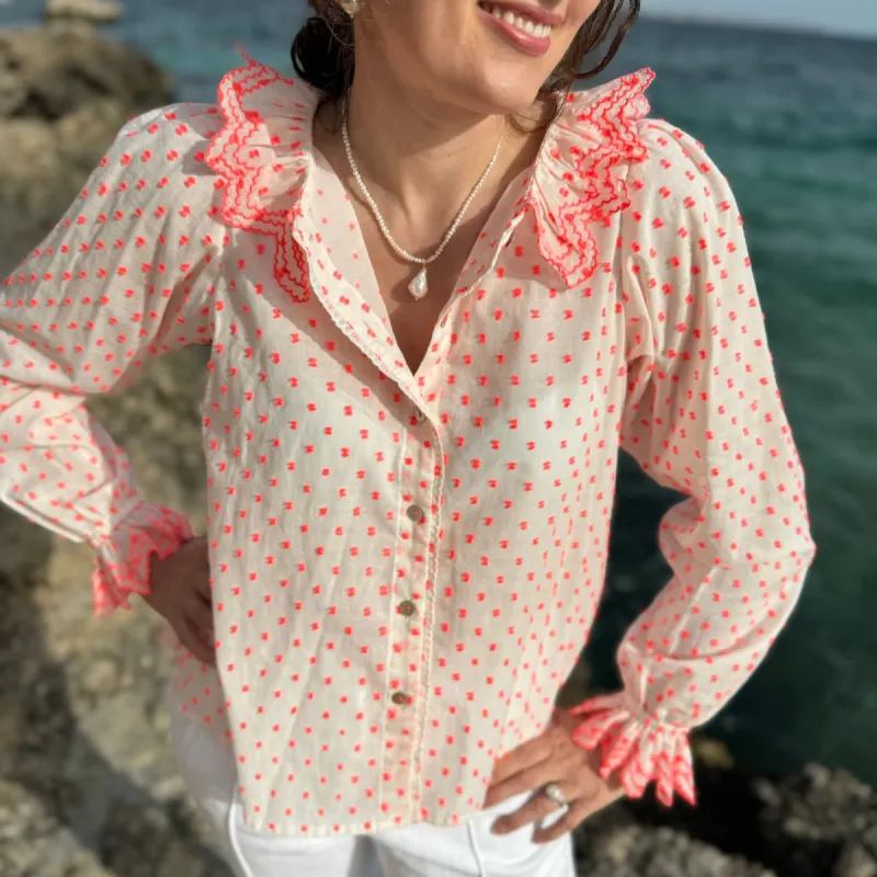XS Bronte Blouse Pack a Punch Plumetti with Neon Coral Embroidery sold by Smock London