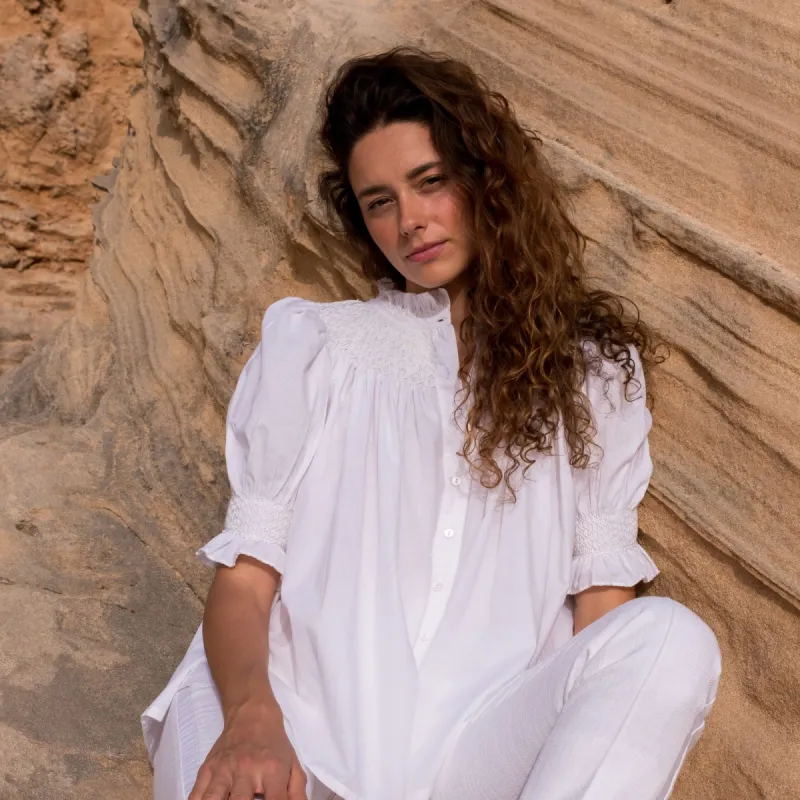 Scholl Women's Summer Blouse White with Ivory Hand Smocking Edition 9 sold by Smock London