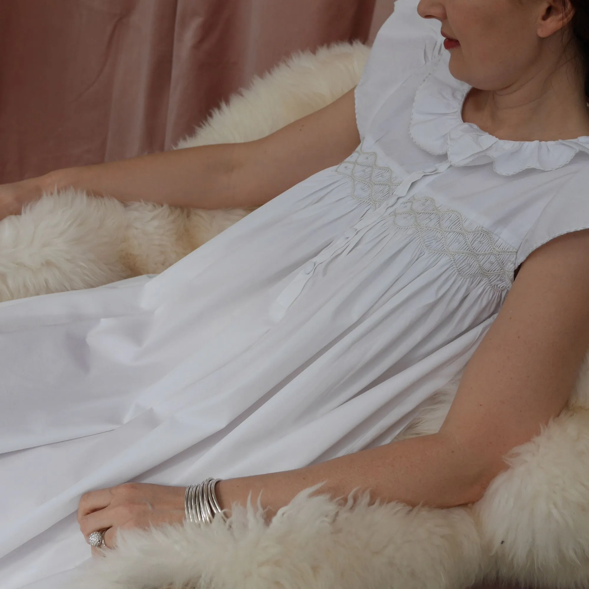 Mother Teresa Women's Nursing & Maternity Dress with Mermaid Tail Oyster Hand Smocking sold by Smock London product image thumbnail 3