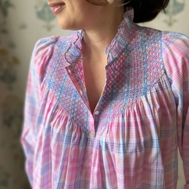 Rosa Parks Women's Blouse Bubblegum Check with Forget-me-not Hand Smocking Edition 4 sold by Smock London