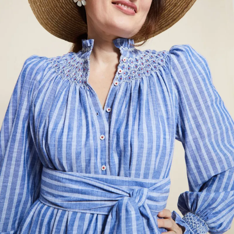 Colette Dress Chambray Stripes with Hot Lips Hand Smocking sold by Smock London