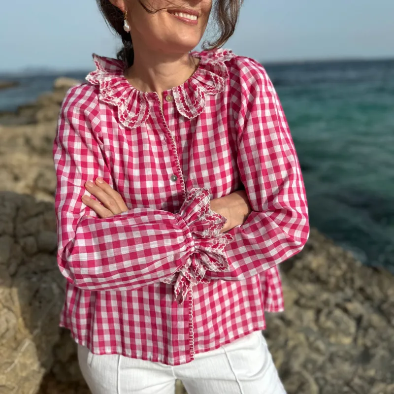 Small Bronte Blouse Raspberry Gingham with Cream Embroidery sold by Smock London