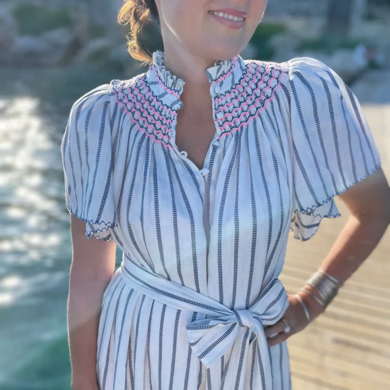 Colette Women's Dress Comporta Stripe with Navy, Neon and White Hand Smocking sold by Smock London