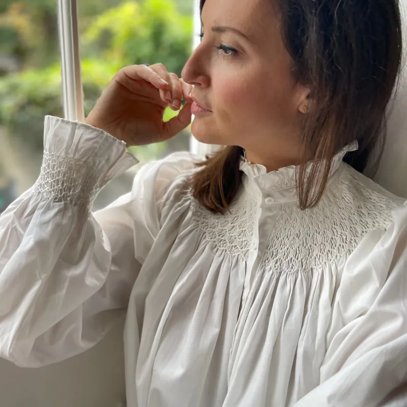 Scholl Women's Blouse White with Ivory Hand Smocking sold by Smock London