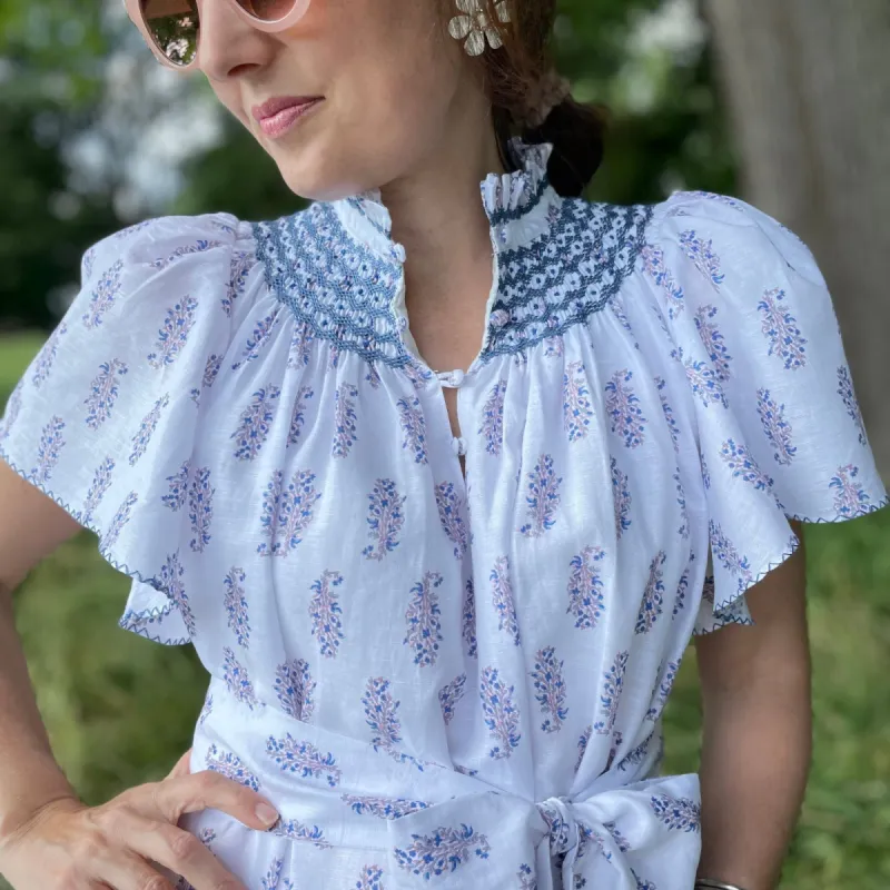 Colette Women's Dress Block Print with Swedish Blue Hand Smocking sold by Smock London