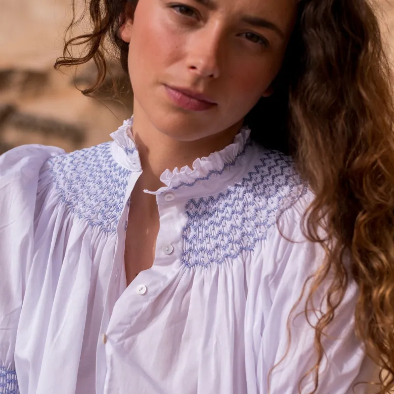 Scholl Women's Summer Blouse White with Forget Me Not Hand Smocking Edition 8 sold by Smock London