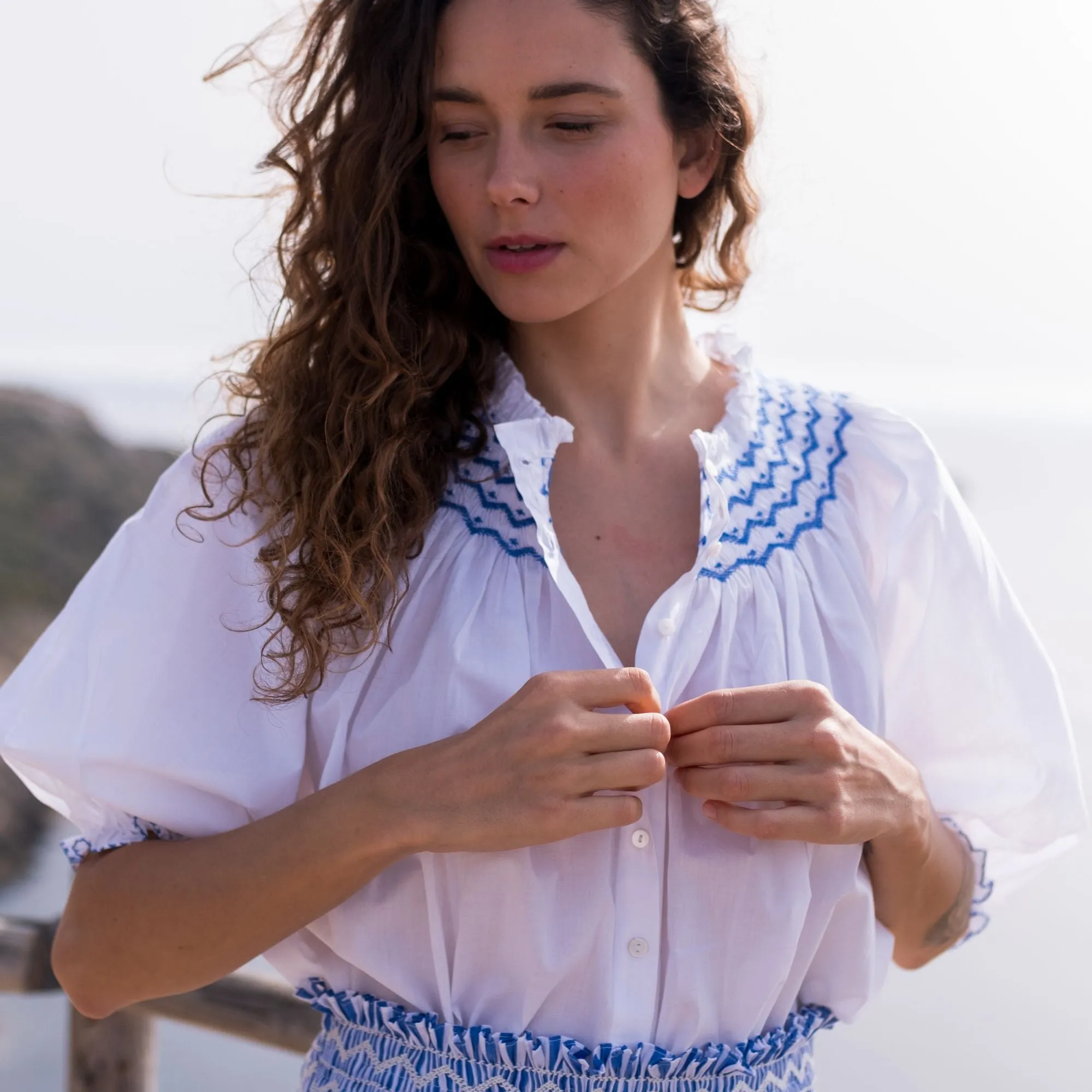 Cleopatra Blouse White with Sapphire Hand Smocking Edition 8 sold by Smock London