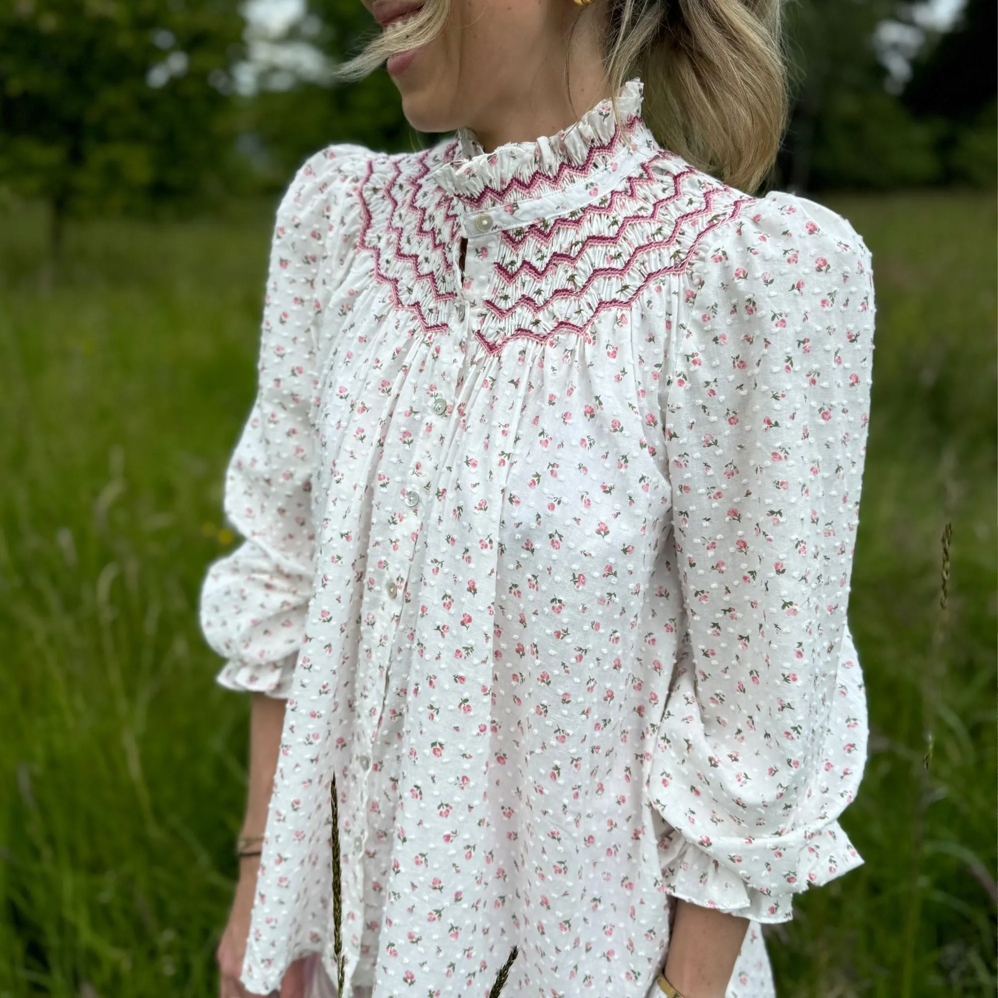 Pom x Smock London Scholl Women's Blouse Rosebud Plumetti with Hellebore Hand Smocking Edition 24 sold by Smock London product image thumbnail 5