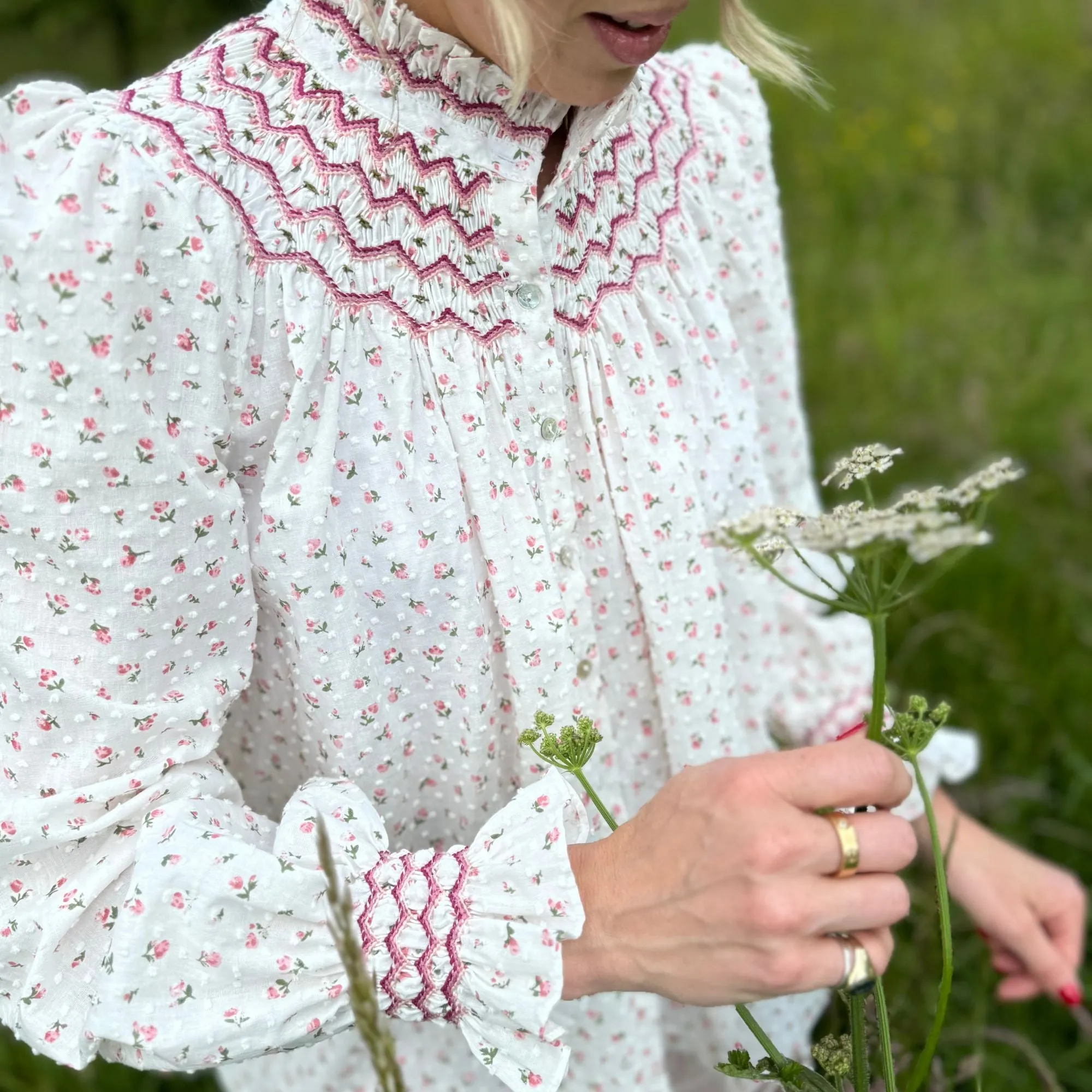 Pom x Smock London Scholl Women's Blouse Rosebud Plumetti with Hellebore Hand Smocking Edition 24 sold by Smock London