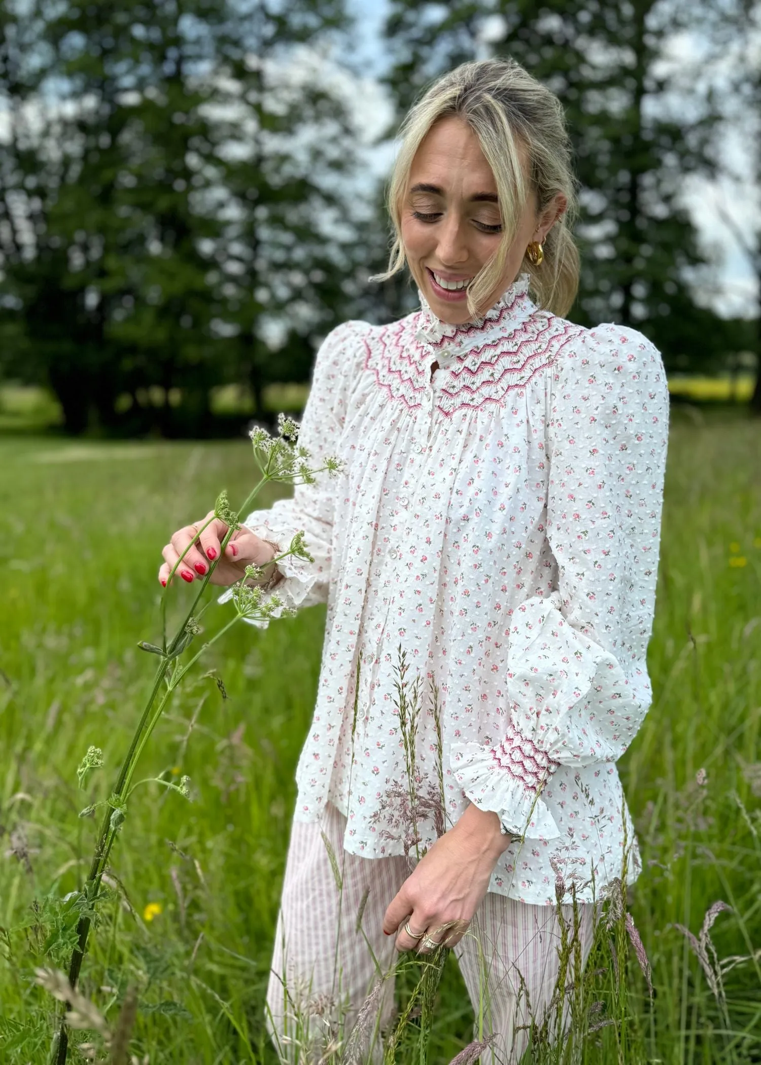 Pom x Smock London Scholl Women's Blouse Rosebud Plumetti with Hellebore Hand Smocking Edition 24 sold by Smock London product image thumbnail 4