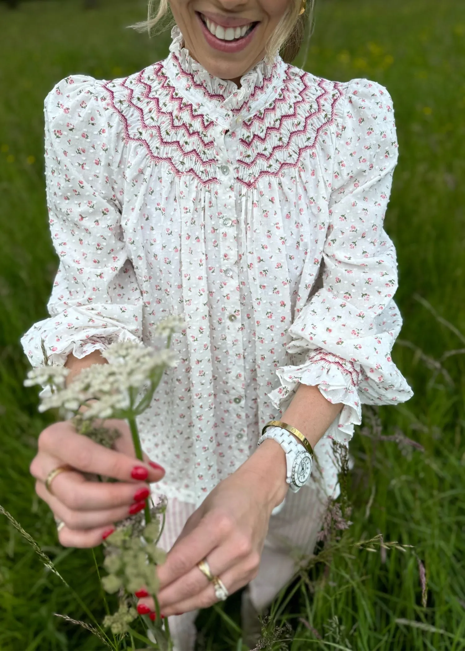 Pom x Smock London Scholl Women's Blouse Rosebud Plumetti with Hellebore Hand Smocking Edition 24 sold by Smock London product image thumbnail 3