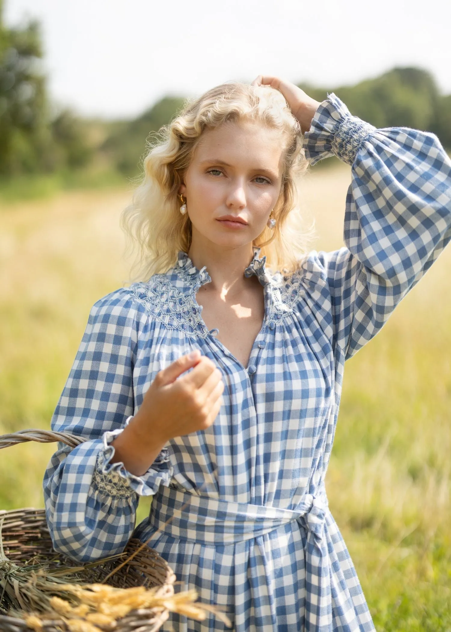 Colette Dress Swedish Blue Herringbone with Pink Sky at Night Hand Smocking sold by Smock London product image thumbnail 5