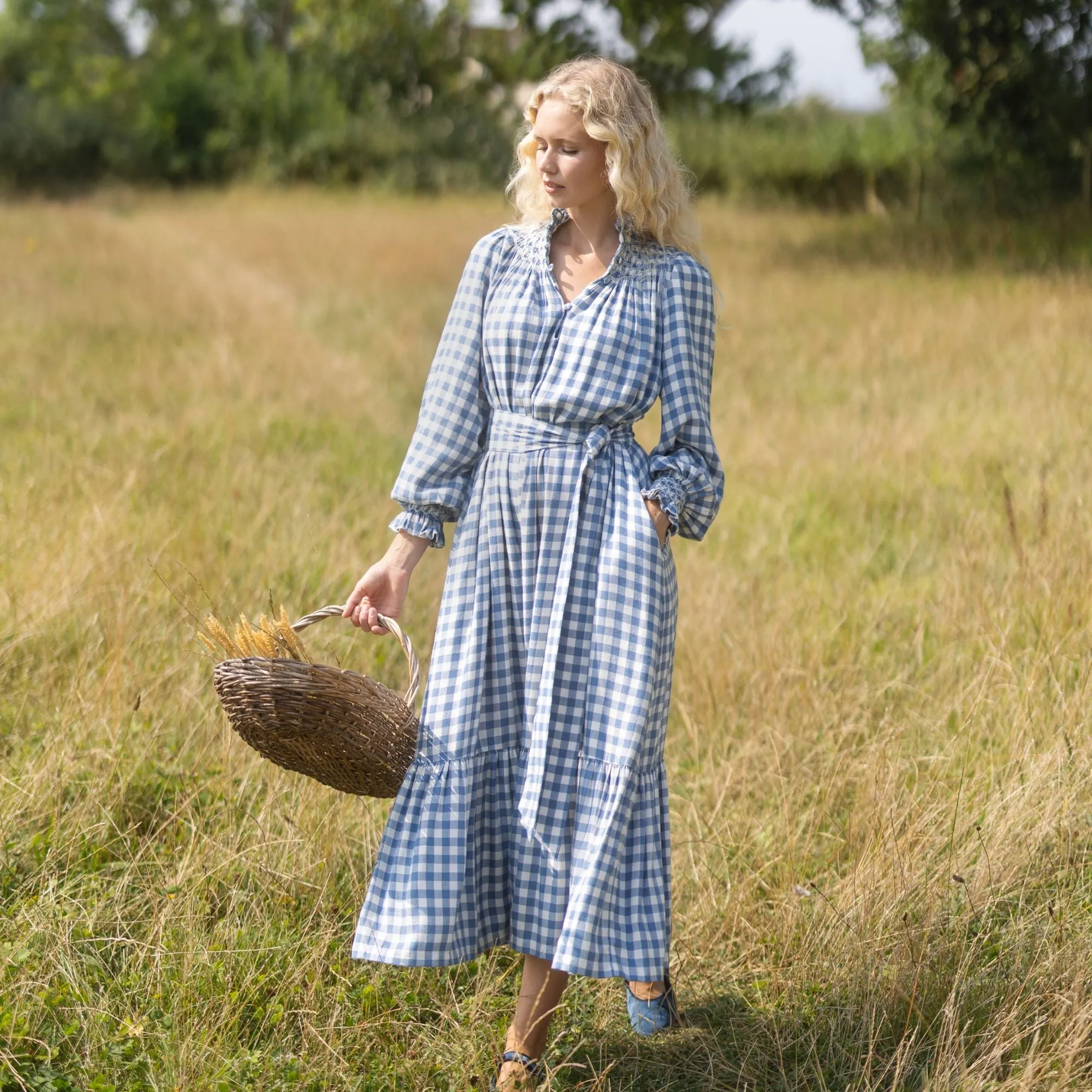 Colette Dress Swedish Blue Herringbone with Pink Sky at Night Hand Smocking sold by Smock London
