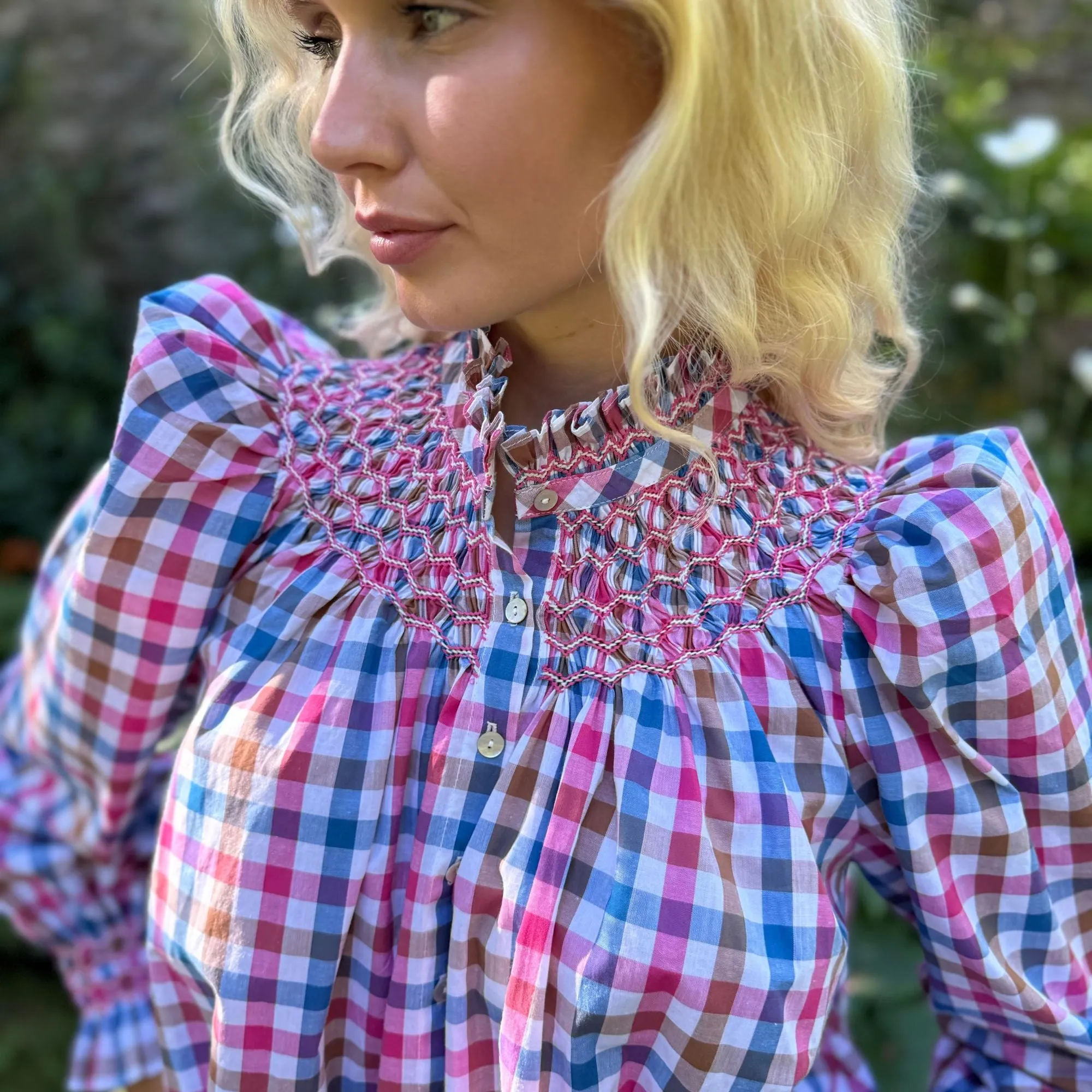 Scholl Blouse Vintage Picnic Check with Magenta Magic Hand Smocking Edition 26 sold by Smock London