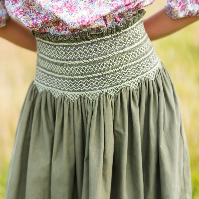 Sullivan Women's Skirt Moss Needlecord with Straw Hand Smocking sold by Smock London