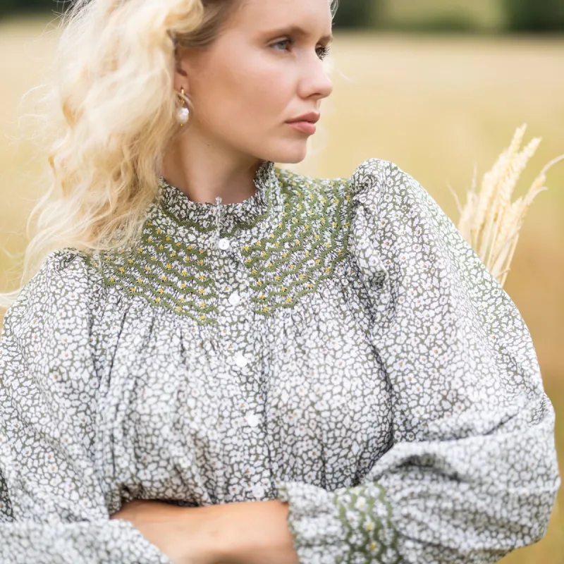Large Scholl Blouse with Pine Needle Hand Smocking made with Liberty Feather Meadow Moss Edition 29 sold by Smock London