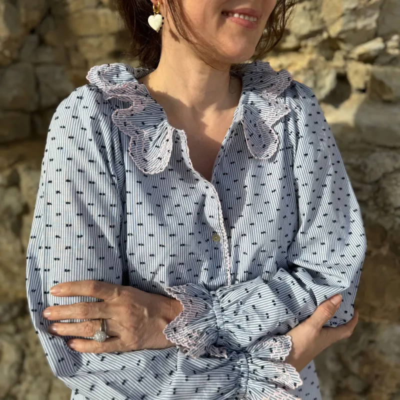 Bronte Blouse Indigo Plumetti with Ballet Slipper Embroidery sold by Smock London