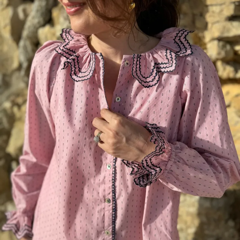 Bronte Blouse Traffic Jam Plumetti with Navy Embroidery sold by Smock London