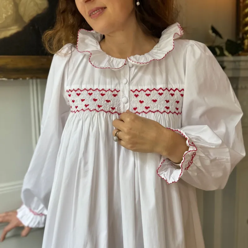 Nightingale Women's Dress Moonstone with Red Hearts Hand Smocking sold by Smock London