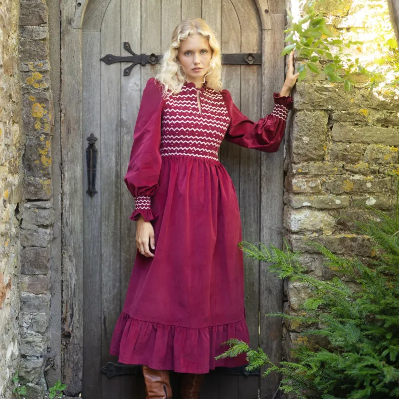 Emmeline Pankhurst Women's Dress Mulberry Needlecord With Heather Haze Hand Smocking sold by Smock London