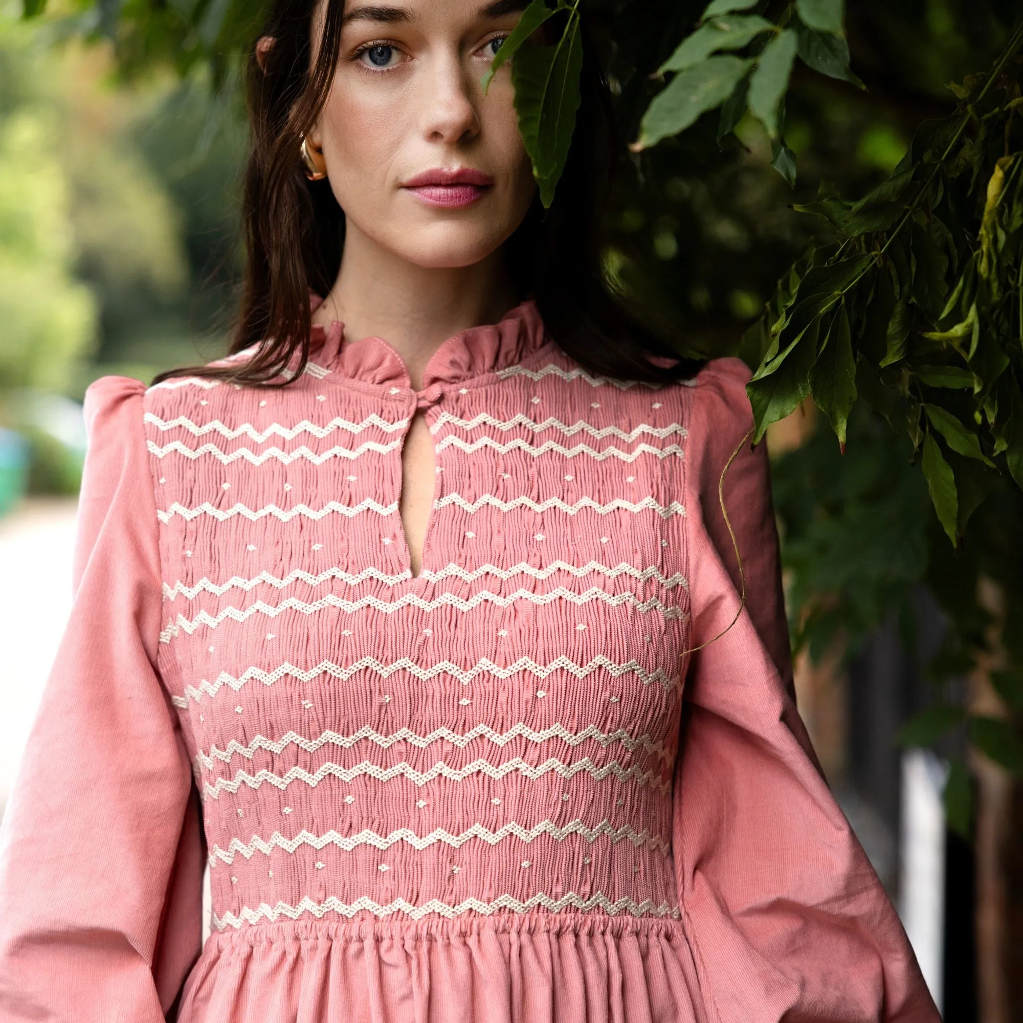 S/M Emmeline Pankhurst Women's Dress Rosehip Pink Needlecord with Full Moon Hand smocking sold by Smock London product image thumbnail 2