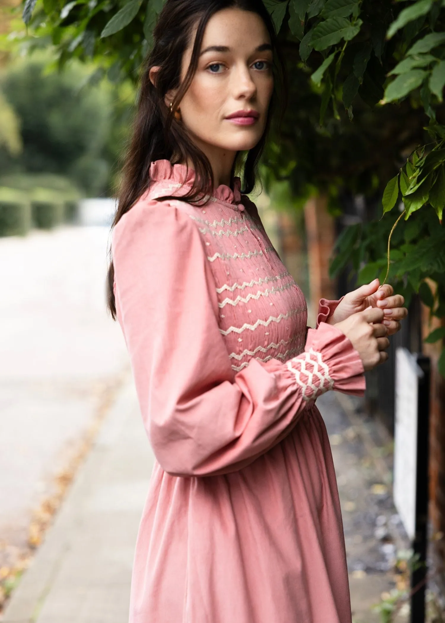 S/M Emmeline Pankhurst Women's Dress Rosehip Pink Needlecord with Full Moon Hand smocking sold by Smock London product image thumbnail 5