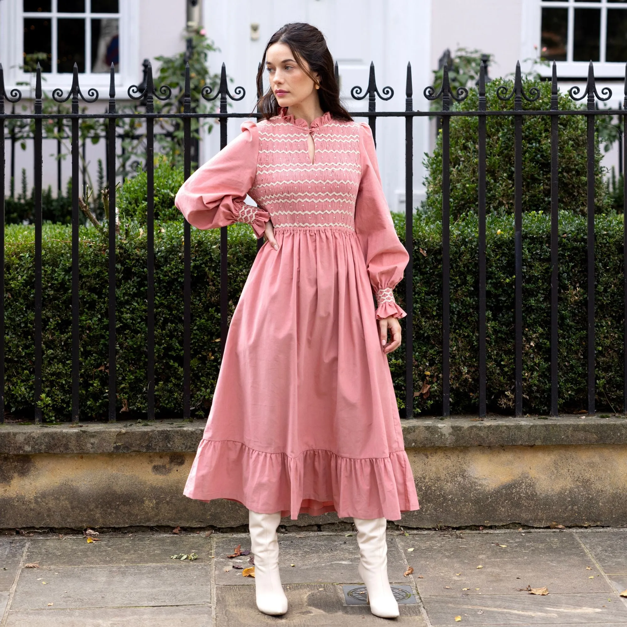 S/M Emmeline Pankhurst Women's Dress Rosehip Pink Needlecord with Full Moon Hand smocking sold by Smock London