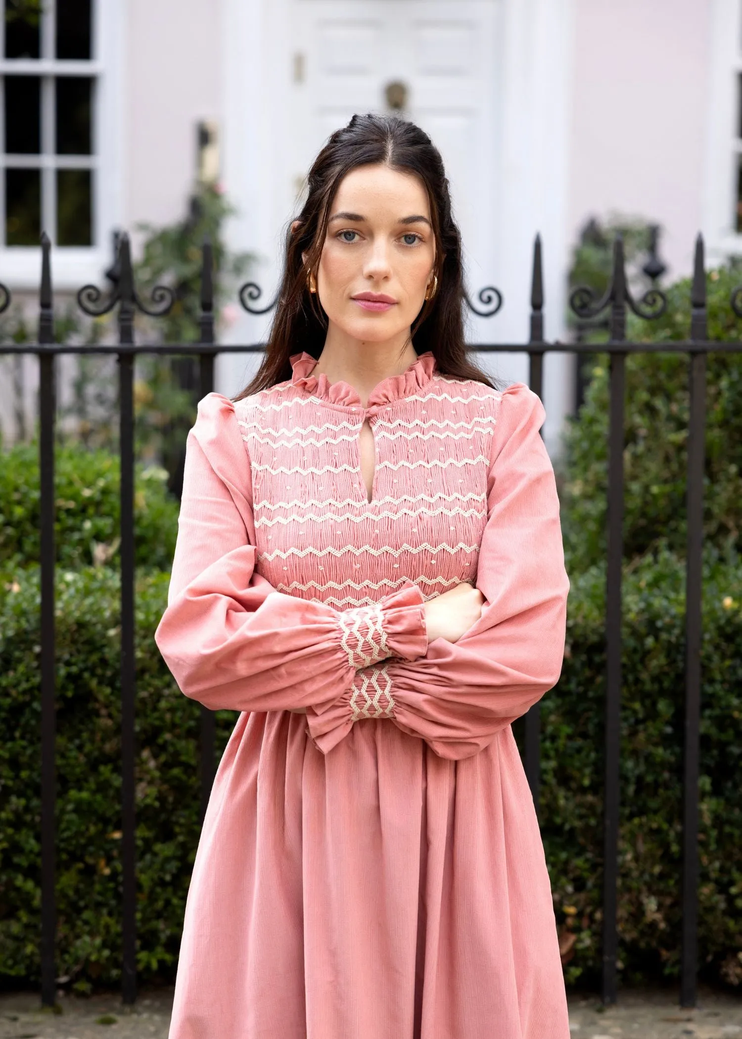 S/M Emmeline Pankhurst Women's Dress Rosehip Pink Needlecord with Full Moon Hand smocking sold by Smock London product image thumbnail 3