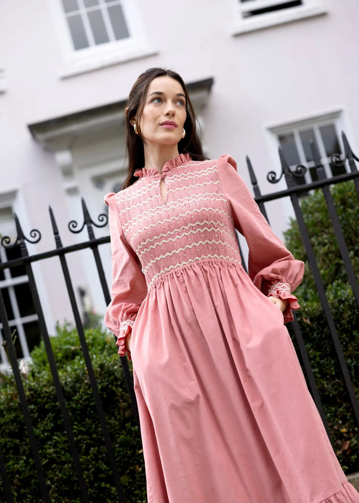 S/M Emmeline Pankhurst Women's Dress Rosehip Pink Needlecord with Full Moon Hand smocking sold by Smock London product image thumbnail 4