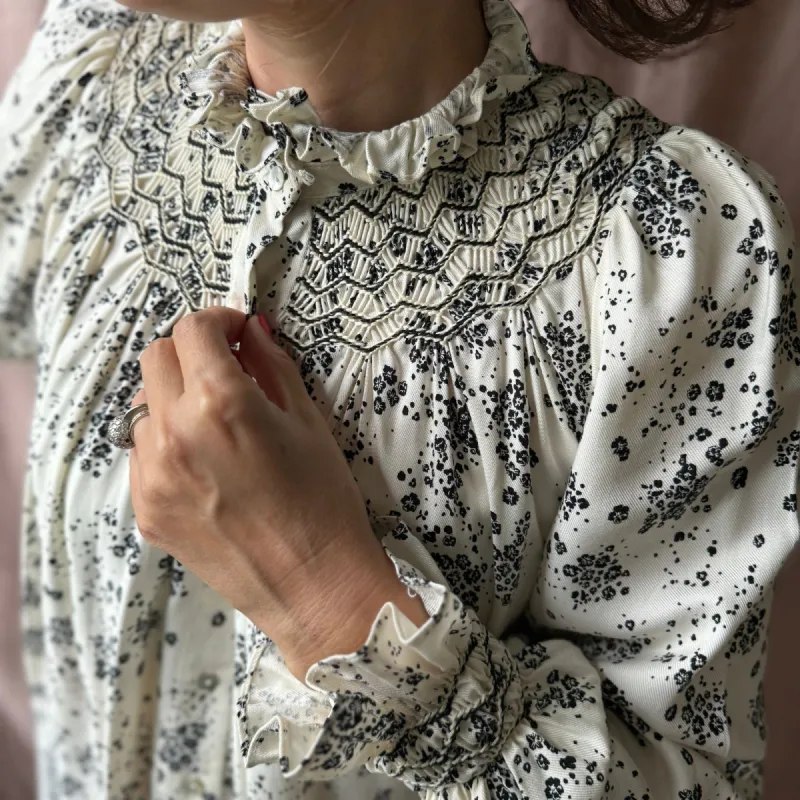 Scholl Blouse Ebony Floral Twill With Binary Hand Smocking Edition 30 sold by Smock London