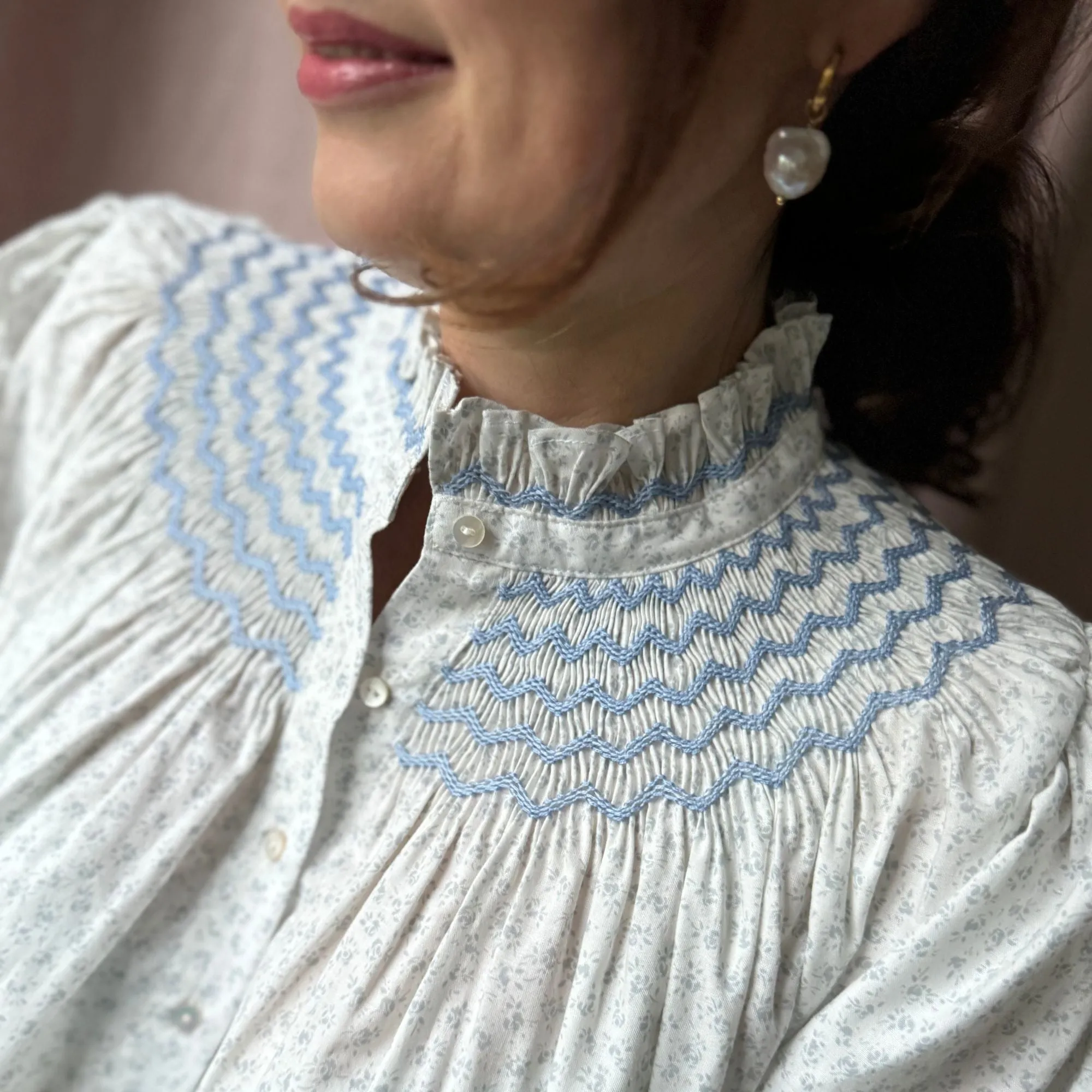 Scholl Women's Blouse Blue Rose Ditsy With Moody Blue Hand Smocking Edition 34 sold by Smock London product image thumbnail 2