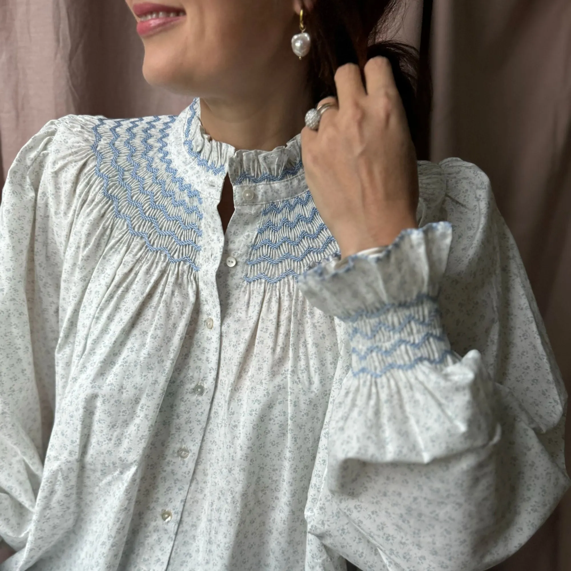 Scholl Women's Blouse Blue Rose Ditsy With Moody Blue Hand Smocking Edition 34 sold by Smock London product image thumbnail 3