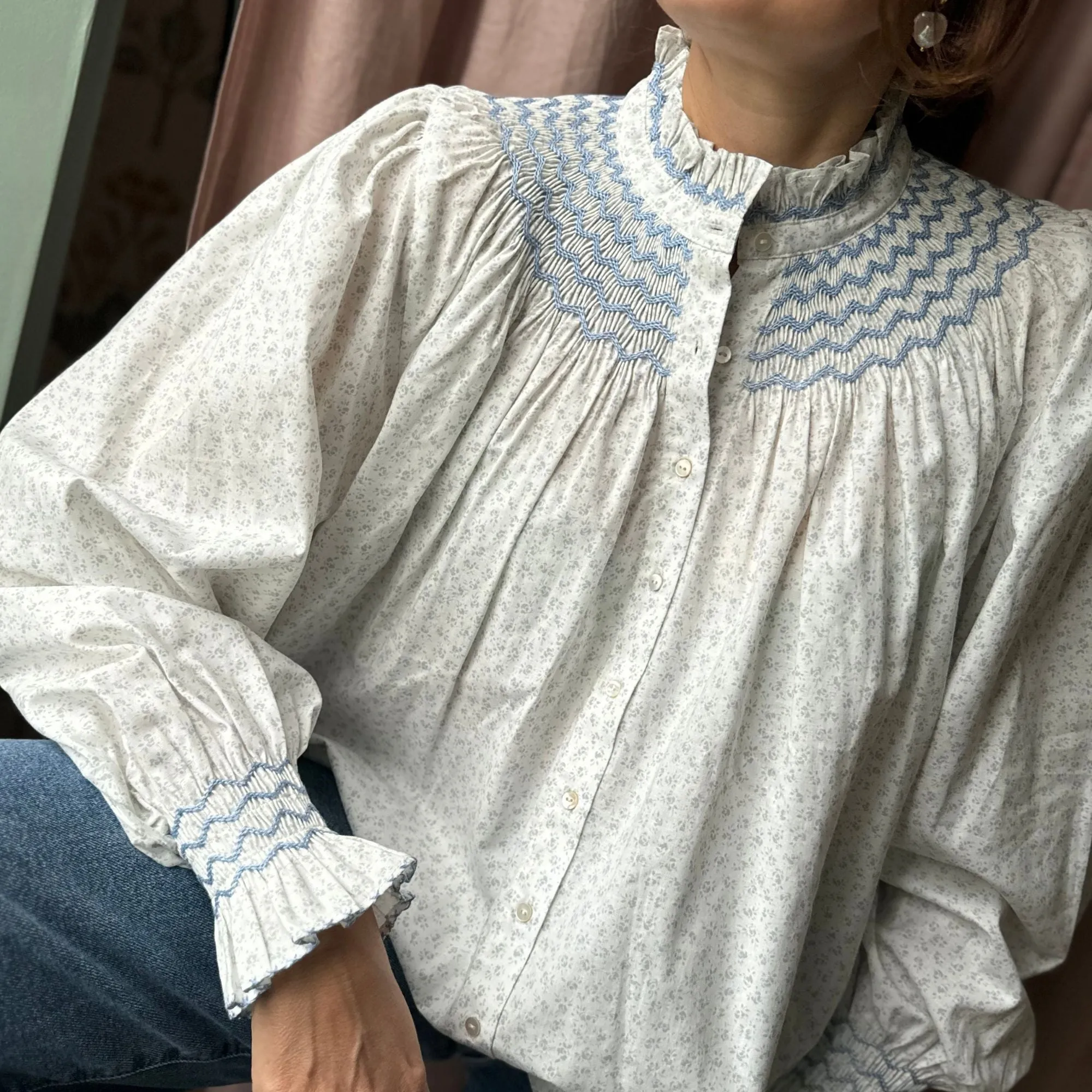 Scholl Women's Blouse Blue Rose Ditsy With Moody Blue Hand Smocking Edition 34 sold by Smock London product image thumbnail 5