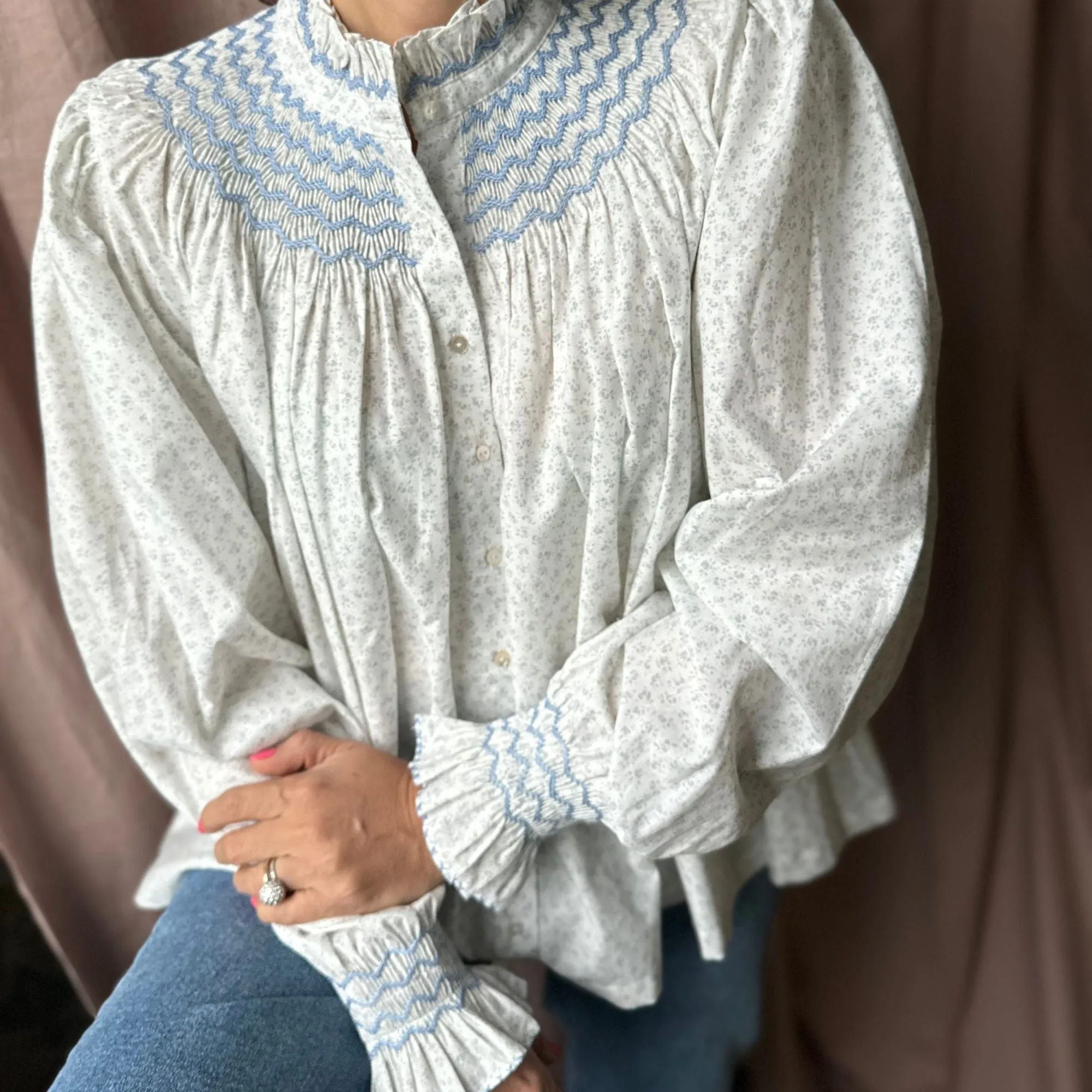 Scholl Women's Blouse Blue Rose Ditsy With Moody Blue Hand Smocking Edition 34 sold by Smock London product image thumbnail 4