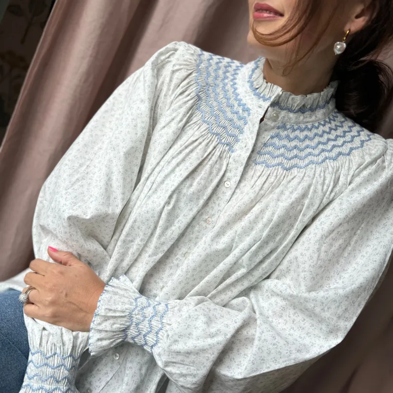 Scholl Women's Blouse Blue Rose Ditsy With Moody Blue Hand Smocking Edition 34 sold by Smock London