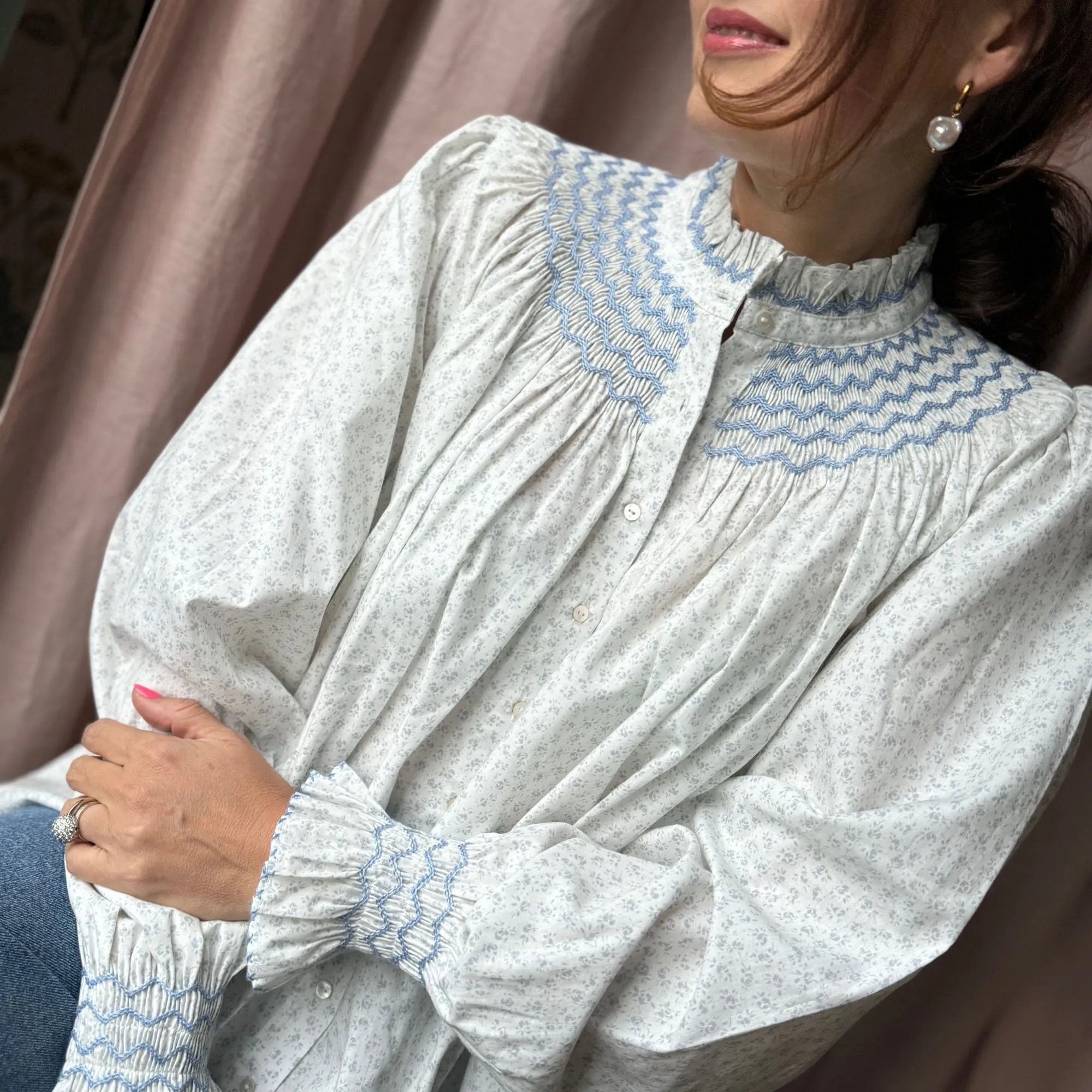 Scholl Women's Blouse Blue Rose Ditsy With Moody Blue Hand Smocking Edition 34 sold by Smock London