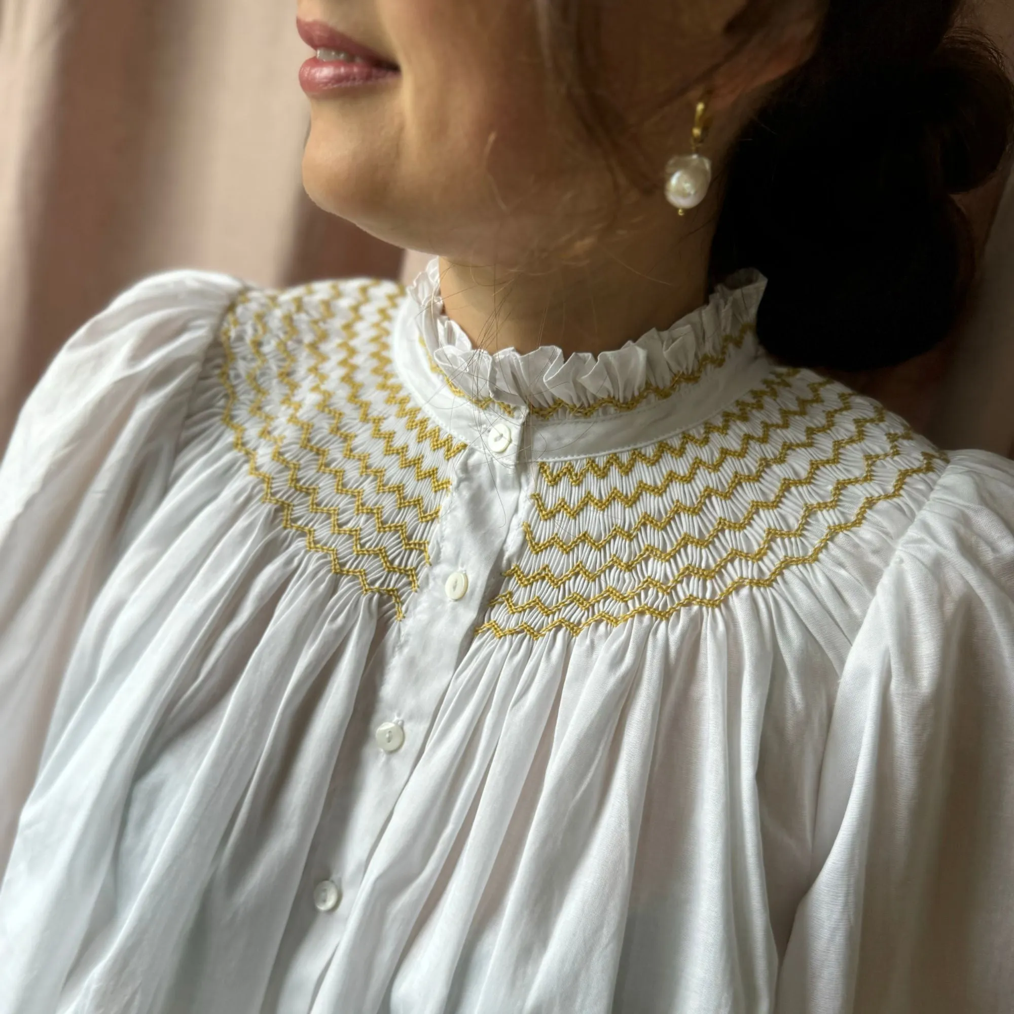 Scholl Women's Blouse White with Mustard Hand Smocking sold by Smock London