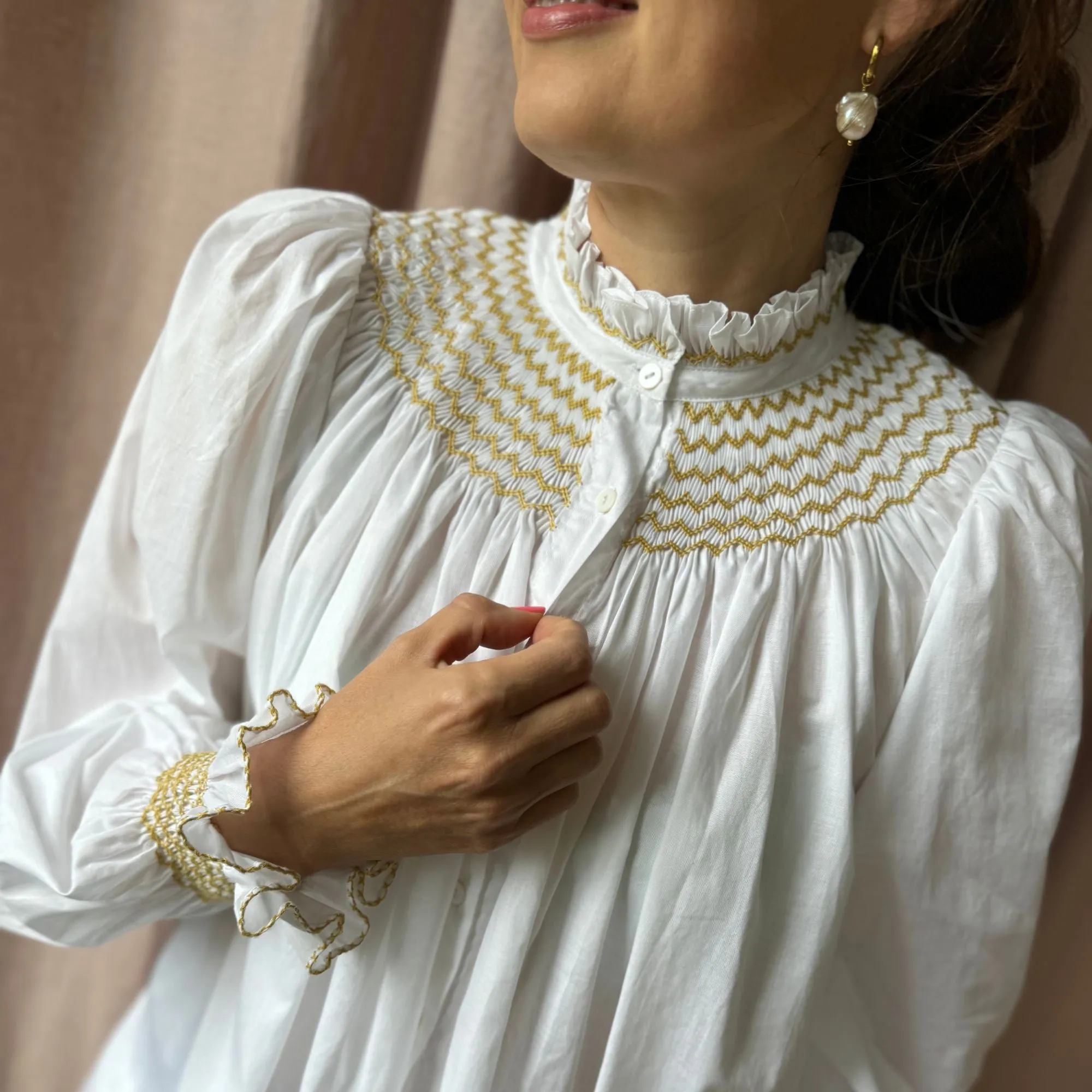 Scholl Women's Blouse White with Mustard Hand Smocking sold by Smock London product image thumbnail 3