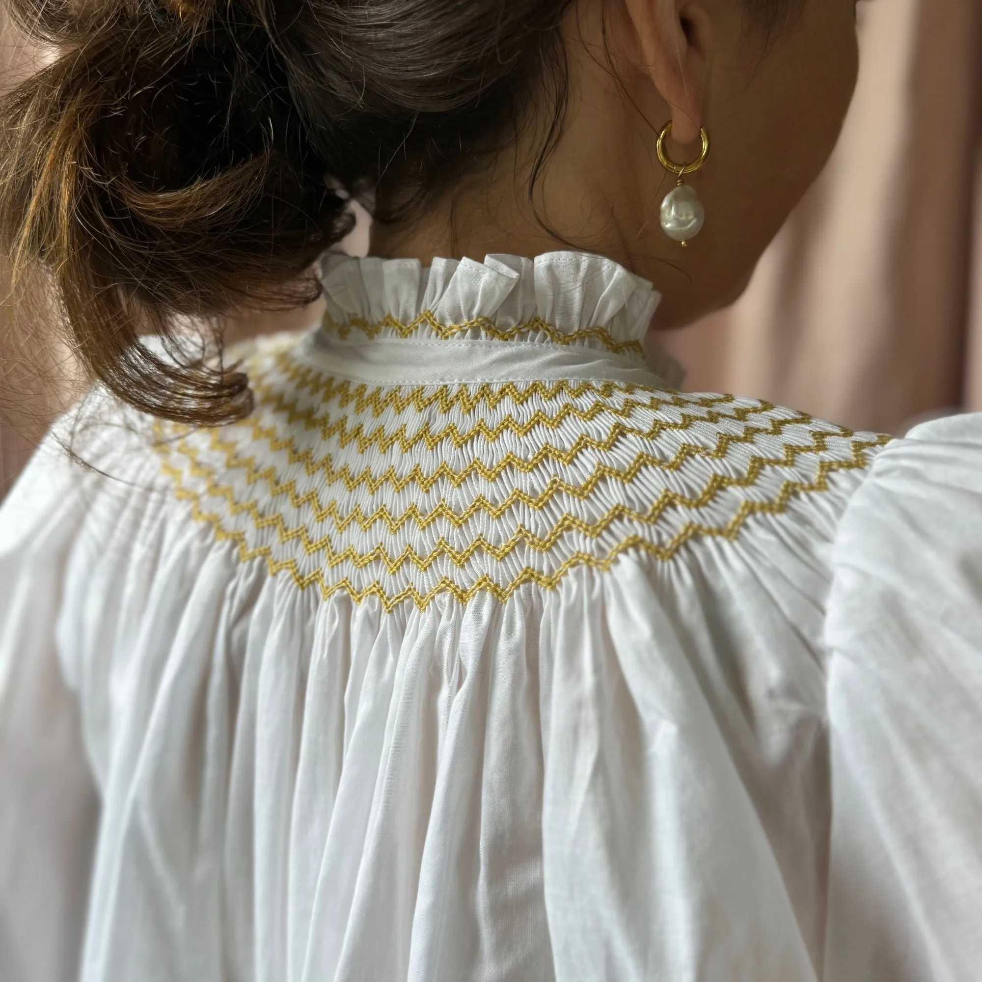 Scholl Women's Blouse White with Mustard Hand Smocking sold by Smock London product image thumbnail 2