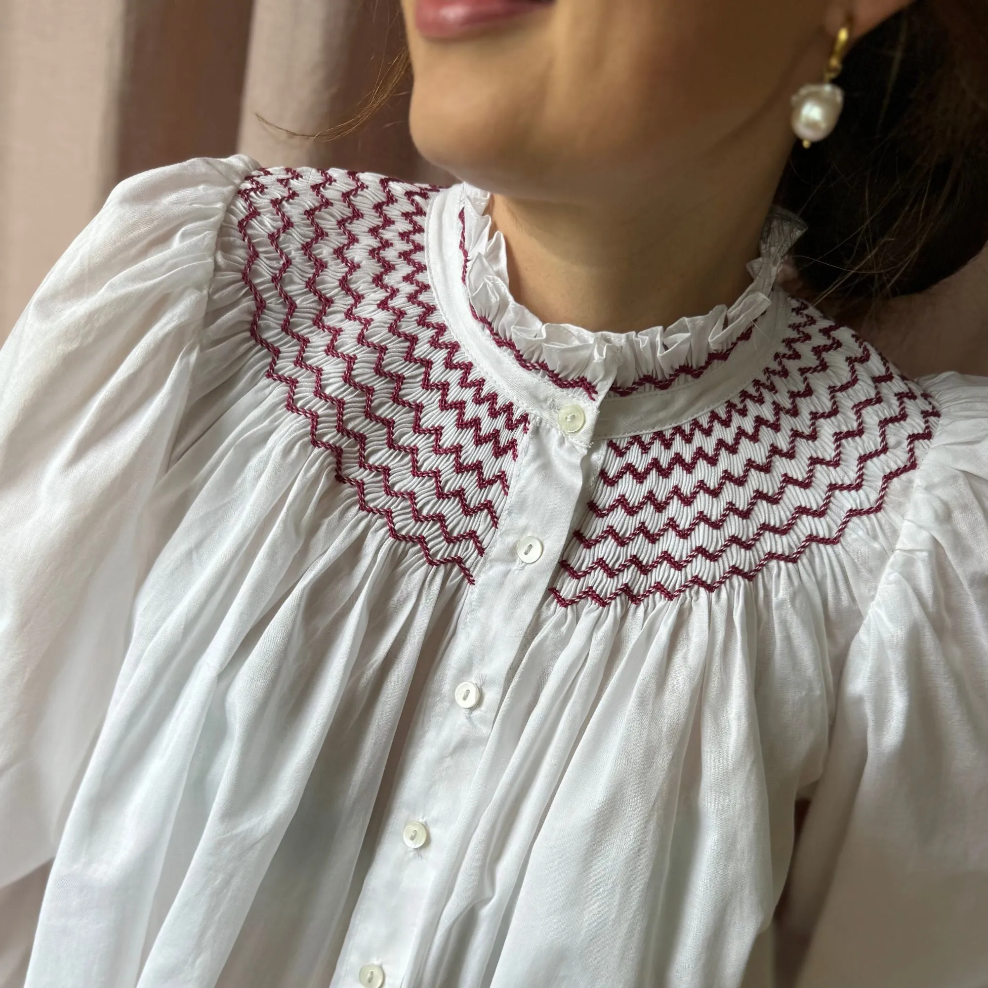 Scholl Women's Blouse White with Mulberry Hand Smocking sold by Smock London product image thumbnail 2