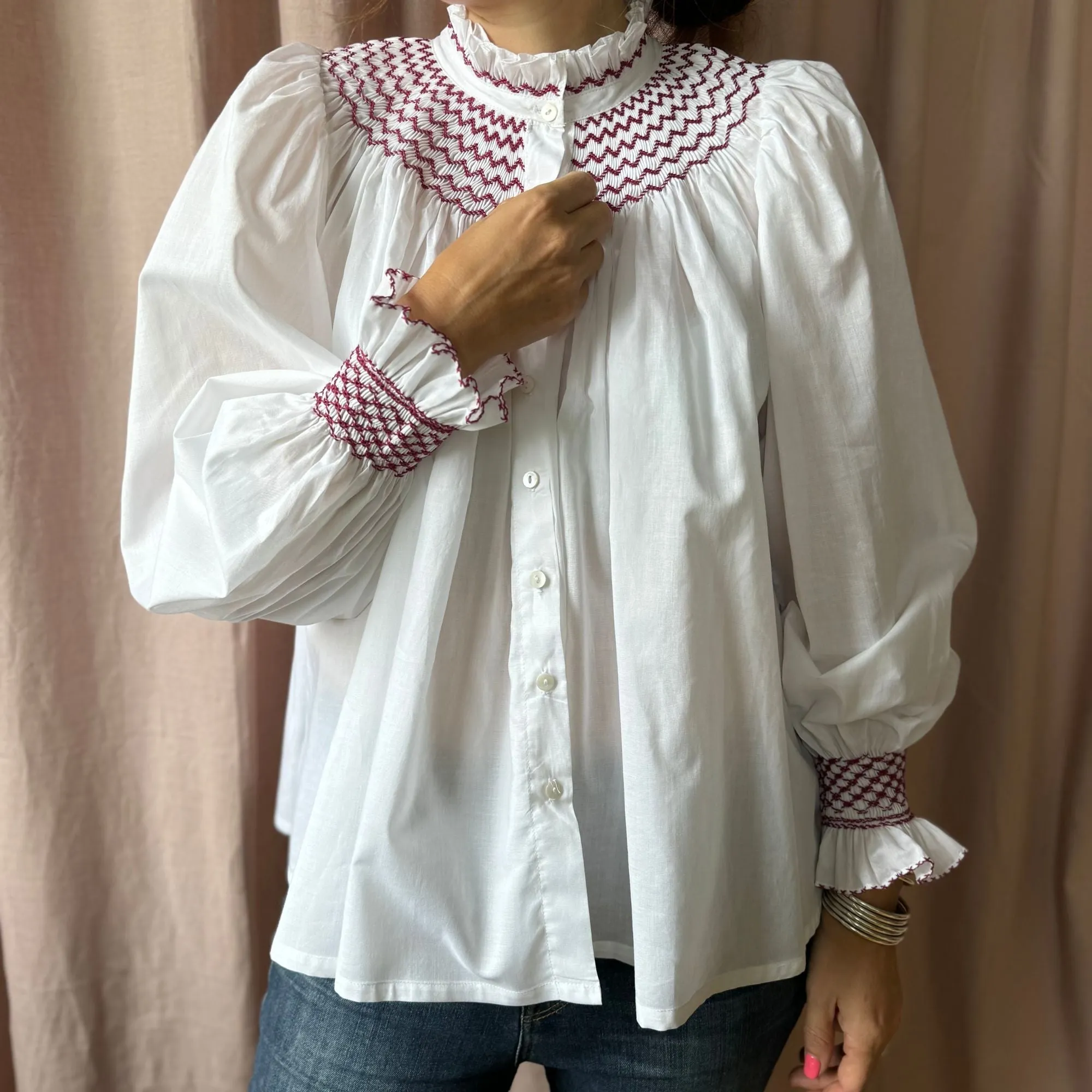 Scholl Women's Blouse White with Mulberry Hand Smocking sold by Smock London product image thumbnail 5