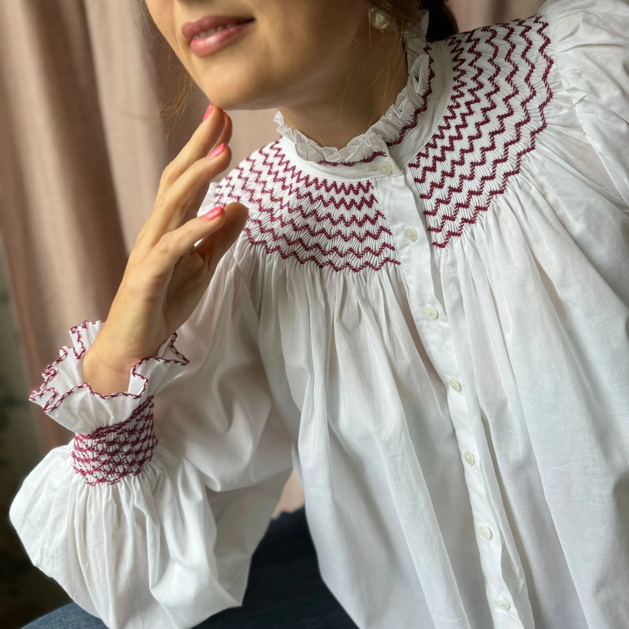Scholl Women's Blouse White with Mulberry Hand Smocking sold by Smock London