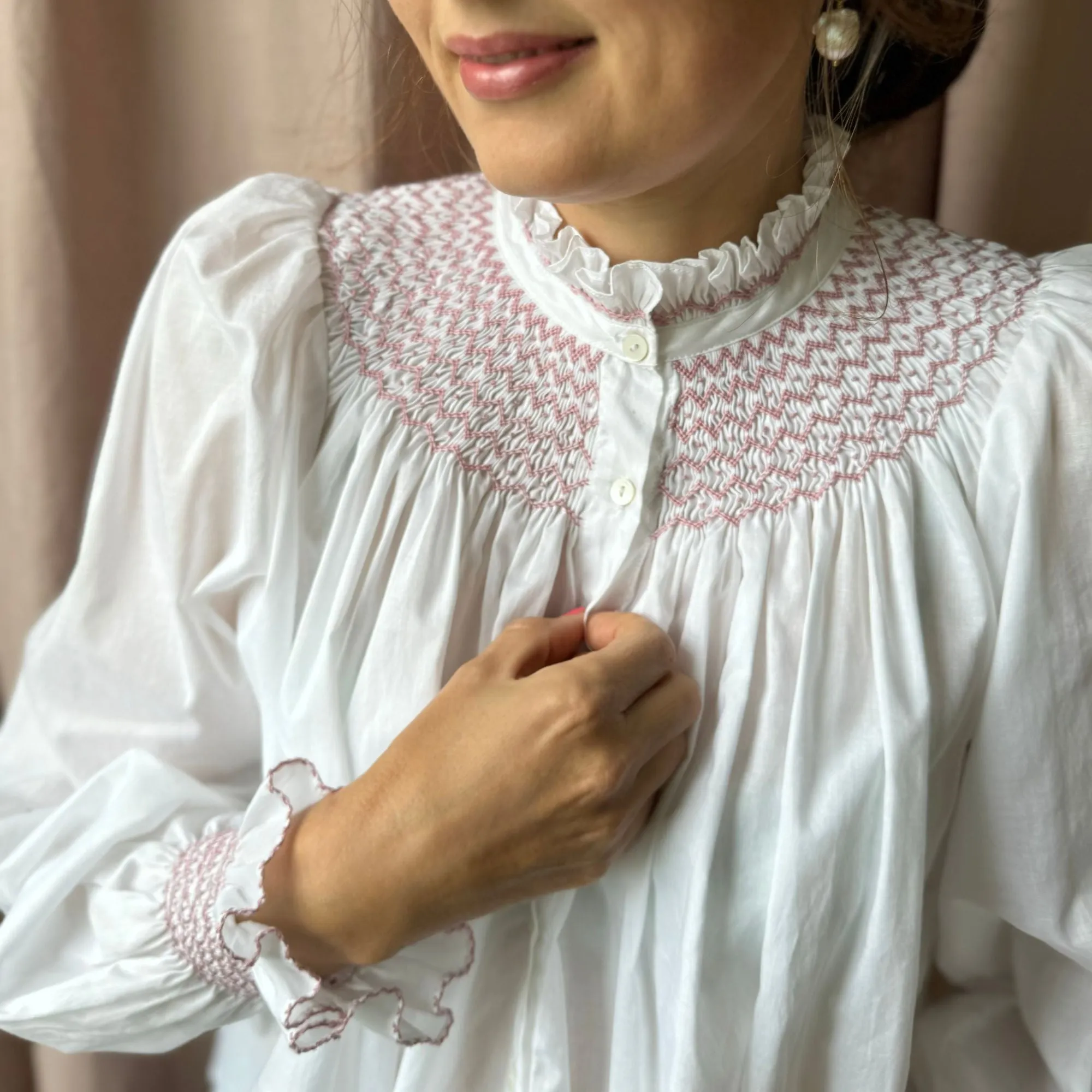 Scholl Women's Blouse White with Kir Royale Hand Smocking sold by Smock London