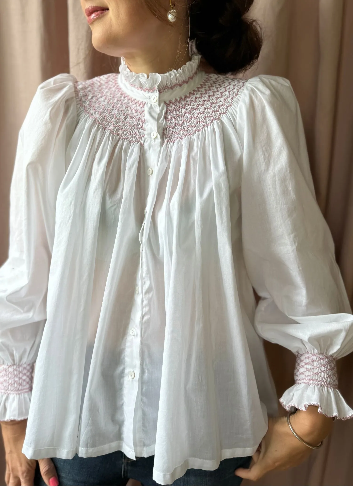 Scholl Women's Blouse White with Kir Royale Hand Smocking sold by Smock London product image thumbnail 3