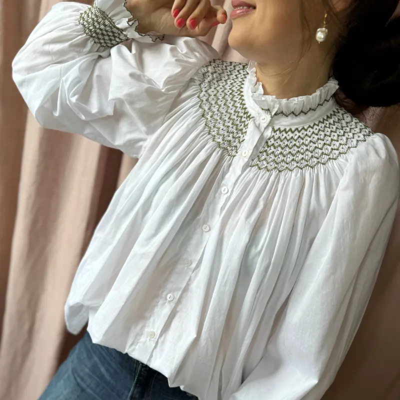 Small Scholl Women's Blouse White with Moss Hand Smocking sold by Smock London