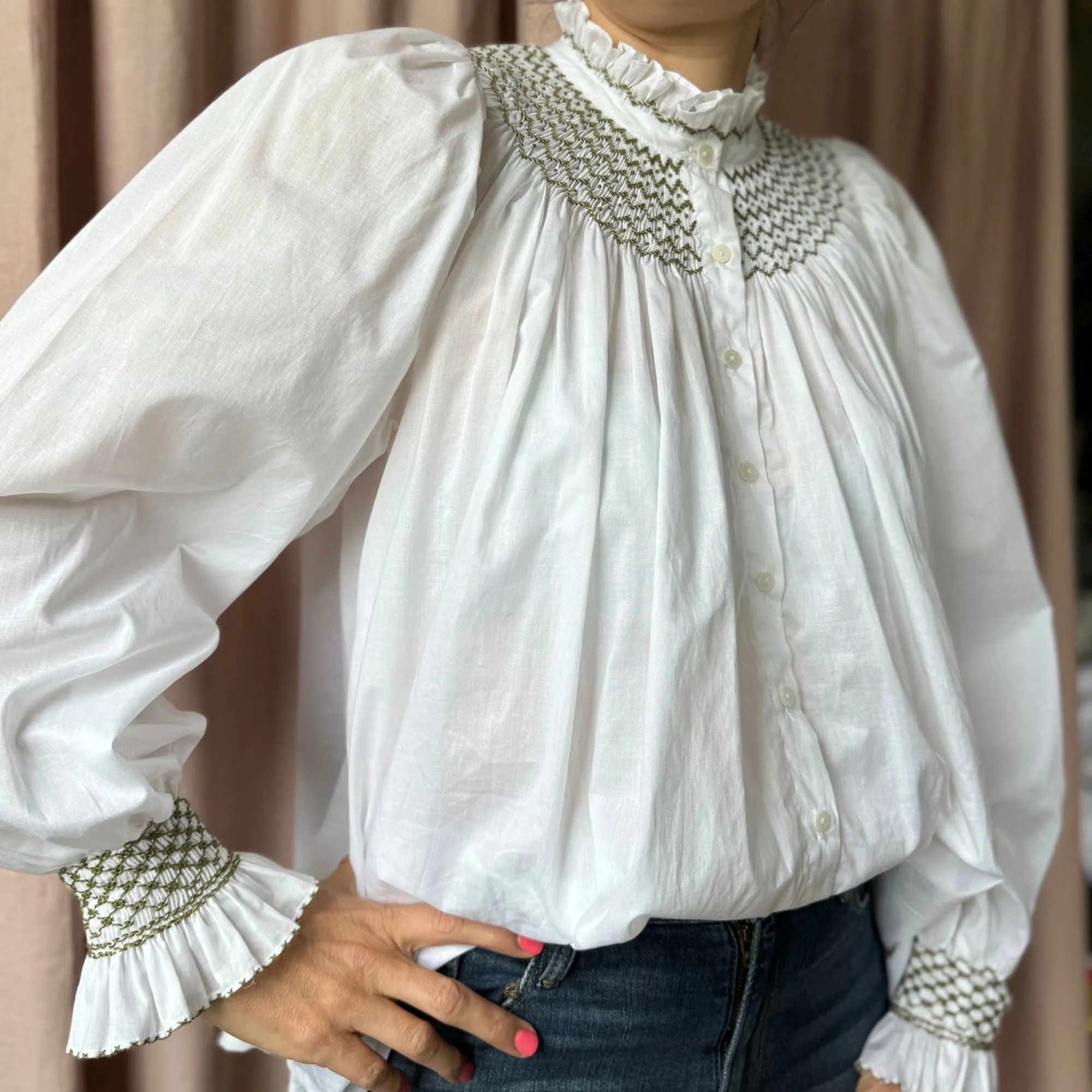 Small Scholl Women's Blouse White with Moss Hand Smocking sold by Smock London product image thumbnail 3